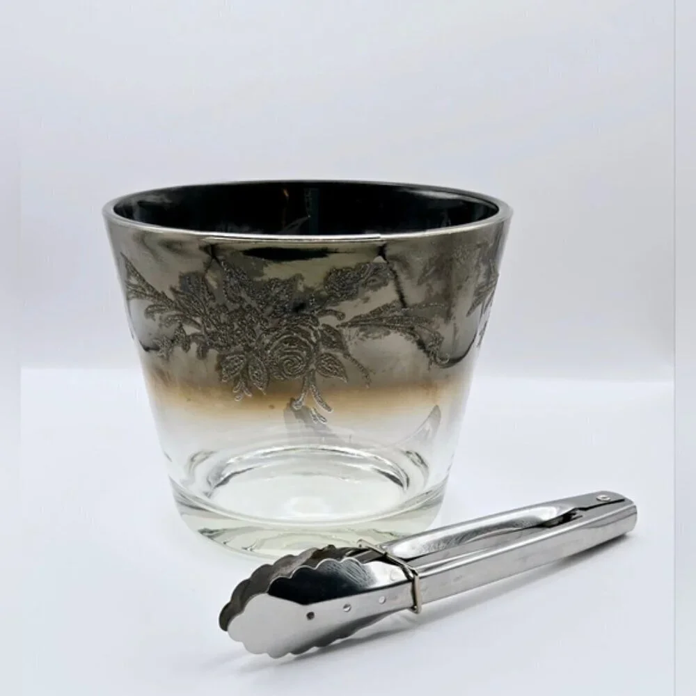Mid Century Glass Ice Bucket With Silver Rim that Ombre Fades & Silver